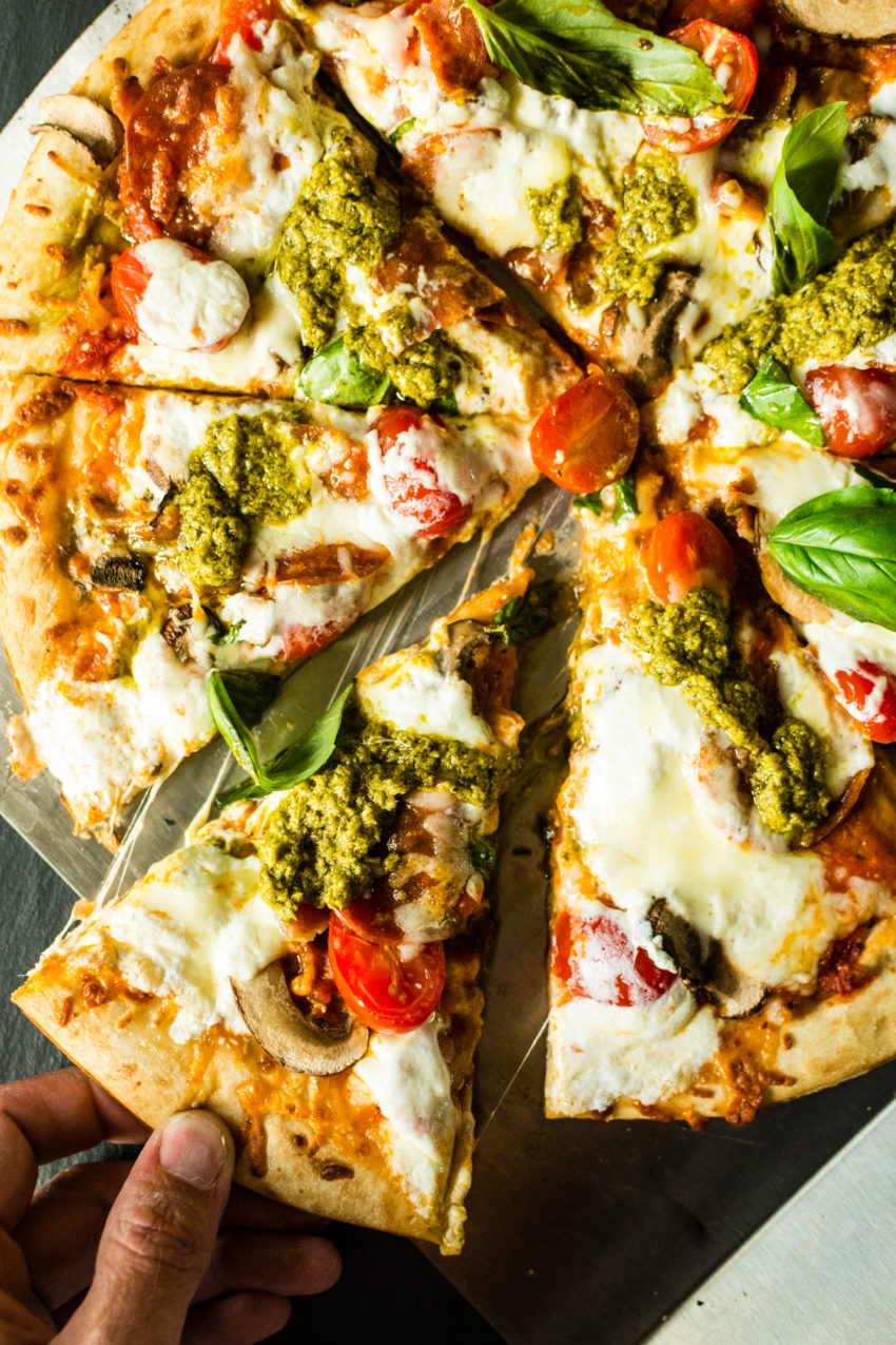 Grilled Bacon Pesto Pizza with fresh Burrata | Kita Roberts GirlCarnivore.com