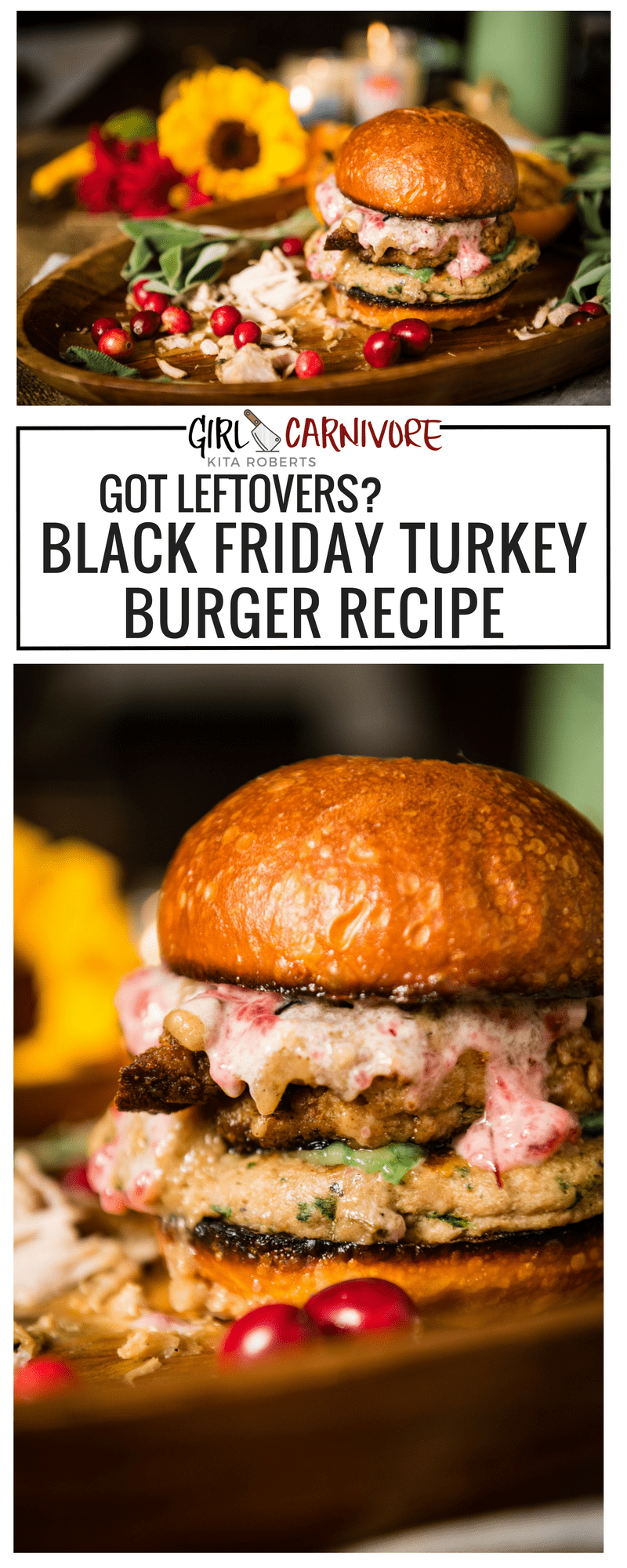 This is the turkey burger you want to make with all those leftovers at home. The roasted garlic cranberry mayo is just a bonus | Recipe at GirlCarnivore.com