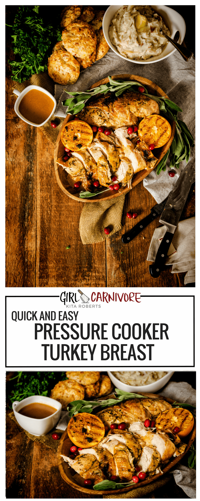 Quick and Easy Pressure Cooker Turkey Breast Recipe - perfect for smaller holiday get togethers. The whole recipe comes together in under 40 minutes. | Get the recipe at GirlCarnivore.com 