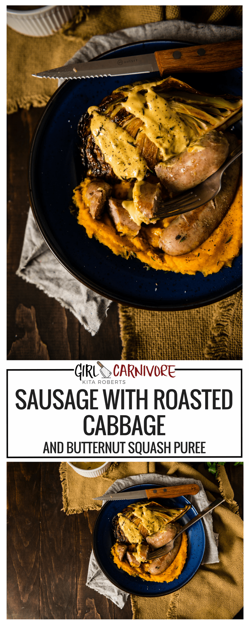Whole 30 Approved Sausage with Roasted Cabbage and Butternut Squash Puree - Perfect comfort food! Recipe at GirlCarnivore.com