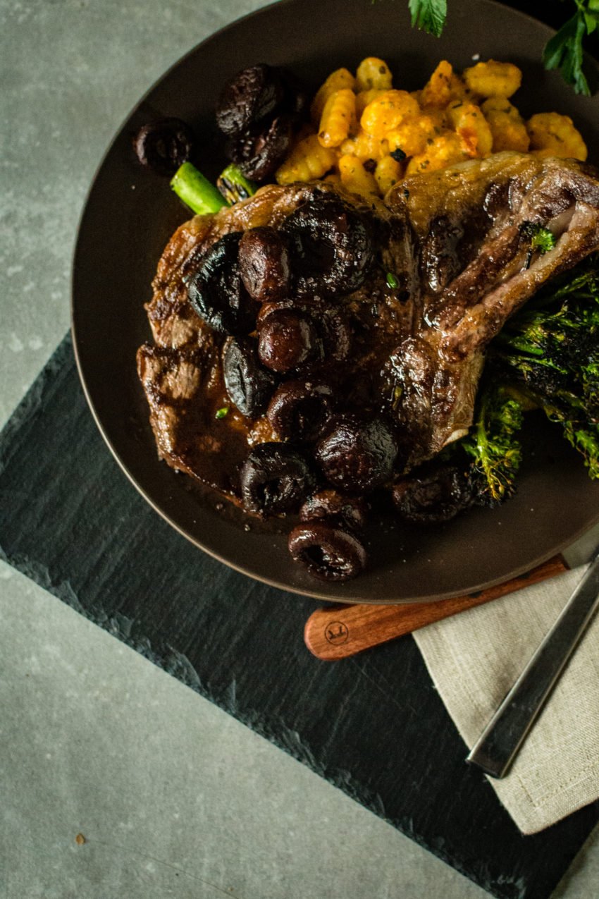 Ribeye laid over broccoli and cavatelli, all drizzled over with a mushroom shallot red wine pan sauce for steaks.