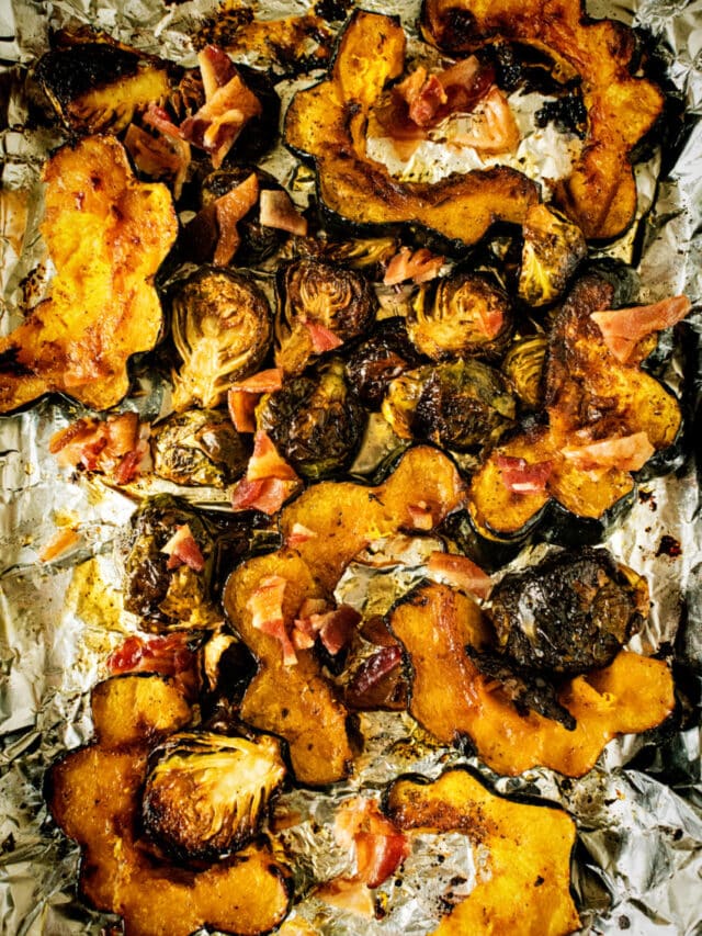 Cayenne Maple Roasted Bacon Brussels Sprouts and Squash Story Girl