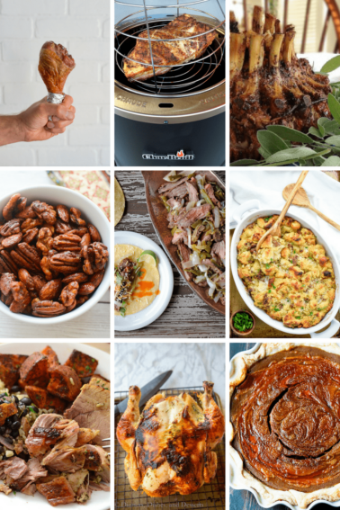 A collage of pictures of different foods on a plate, featuring an oil-less turkey fryer.