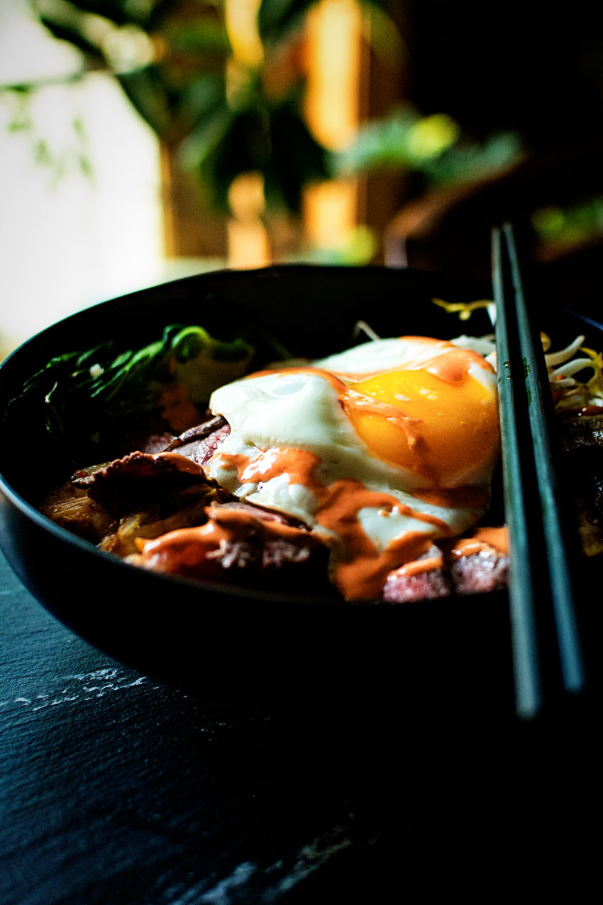 That fried egg does it for me. Just ready to pour its yolk down into the steak, veggies and rice below. This is good eating!