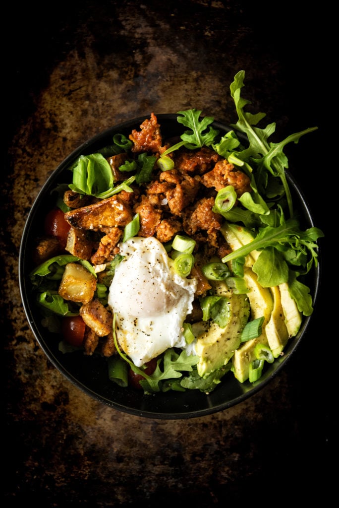 Chorizo Hash Breakfast Bowl with Chipotle Cream. There's ton's of green stuff in there to make it look healthy!