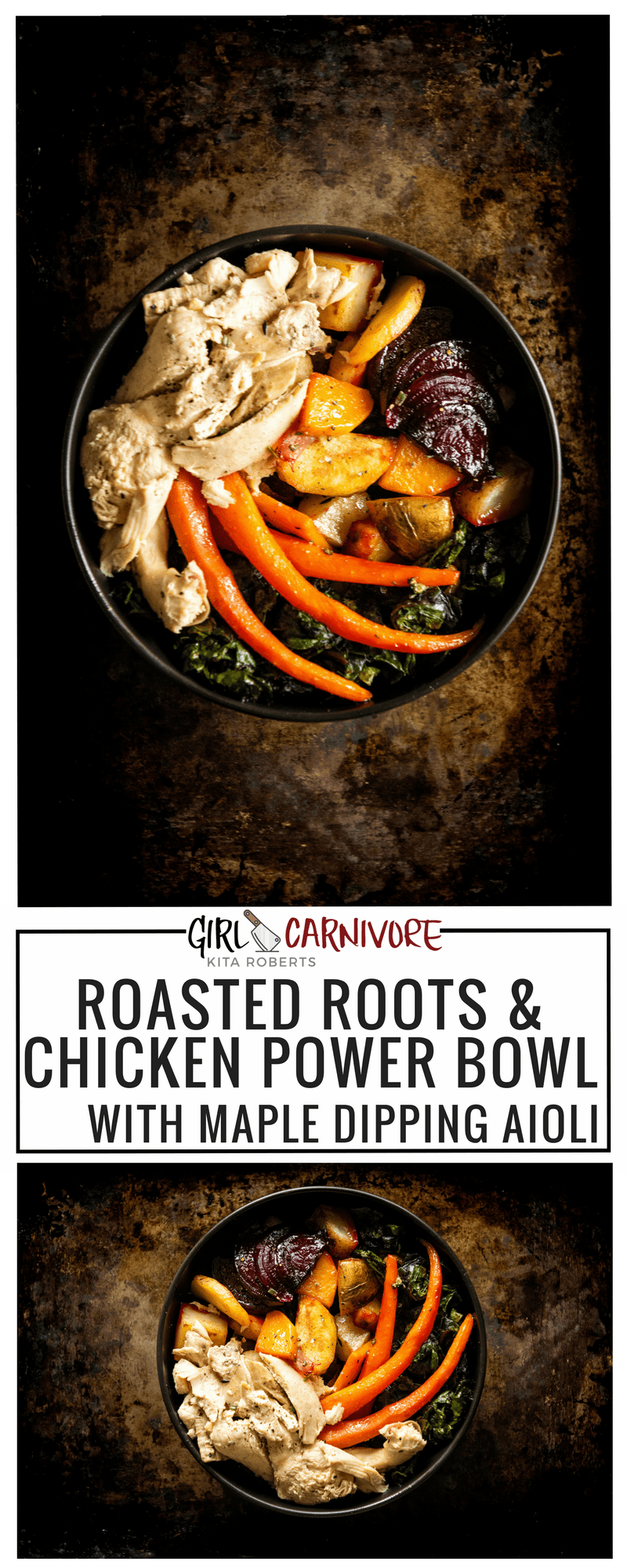 Roasted Roots and Roasted Chicken Power Bowl with Maple Dipping Aioli