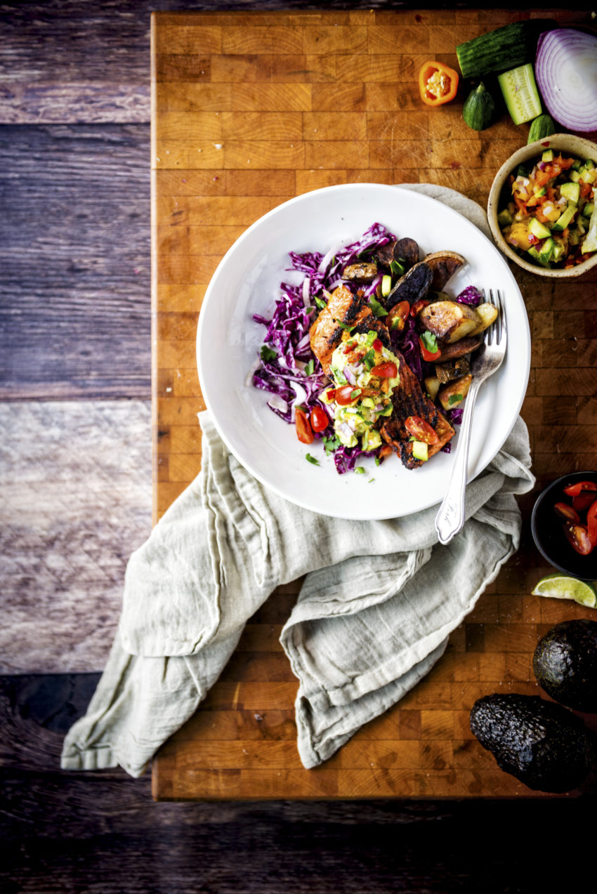 Cast-Ironed Blackened Salmon with Cucumber Mango Relish and Avocado Cream | Kita Roberts GirlCarnivore.com