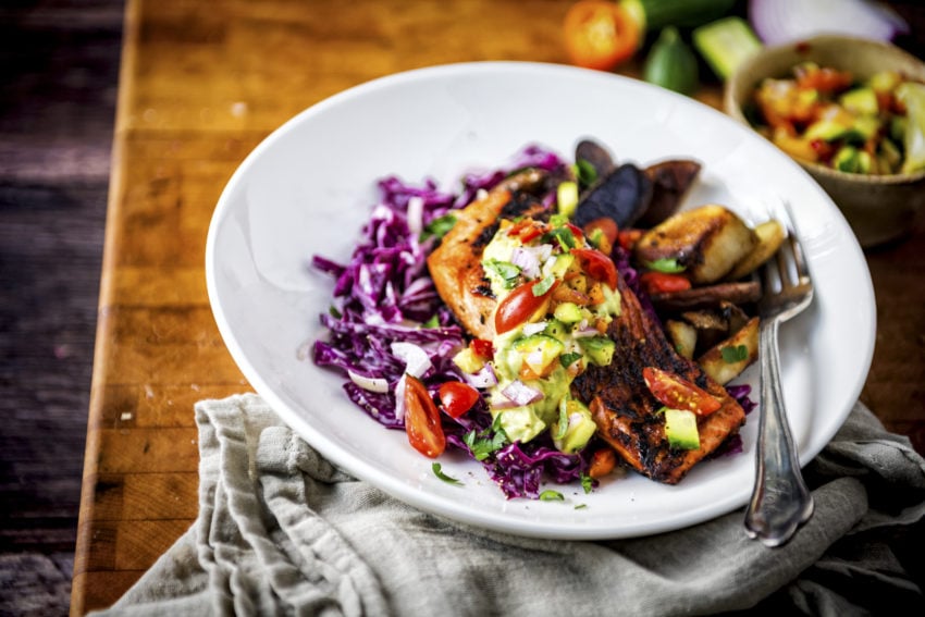 Cast-Ironed Blackened Salmon with Cucumber Mango Relish and Avocado Cream | Kita Roberts GirlCarnivore.com