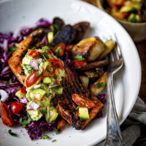 Cast-Ironed Blackened Salmon with Cucumber Mango Relish and Avocado Cream | Kita Roberts GirlCarnivore.com