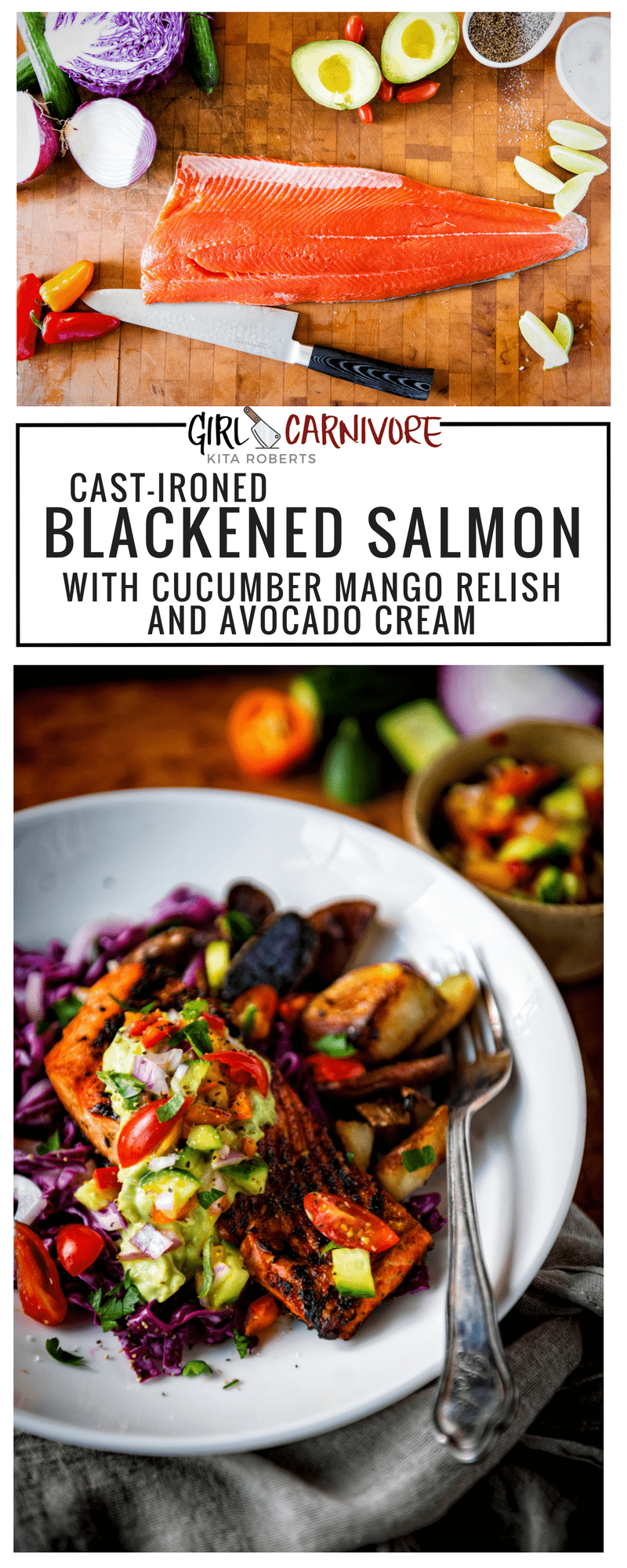 Cast-Ironed Blackened Salmon with Cucumber Mango Relish and Avocado Cream | GirlCarnivore Recipe
