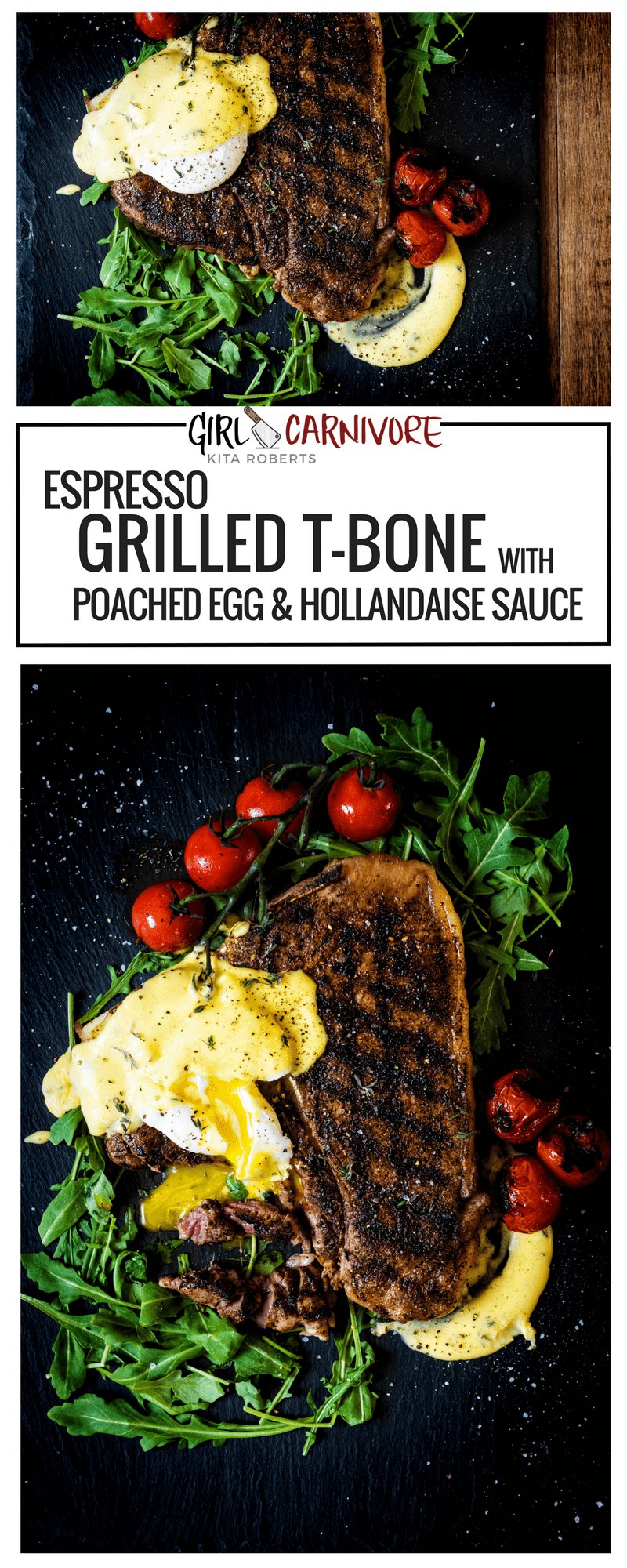 Steak and eggs level up with this killer espresso rubbed t-bone with a poached egg and quick pan hollandaise sauce. 