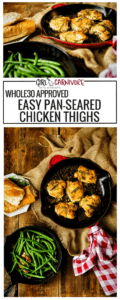 Pan seared chicken thighs that are whole 30 approved in a pan with herbs