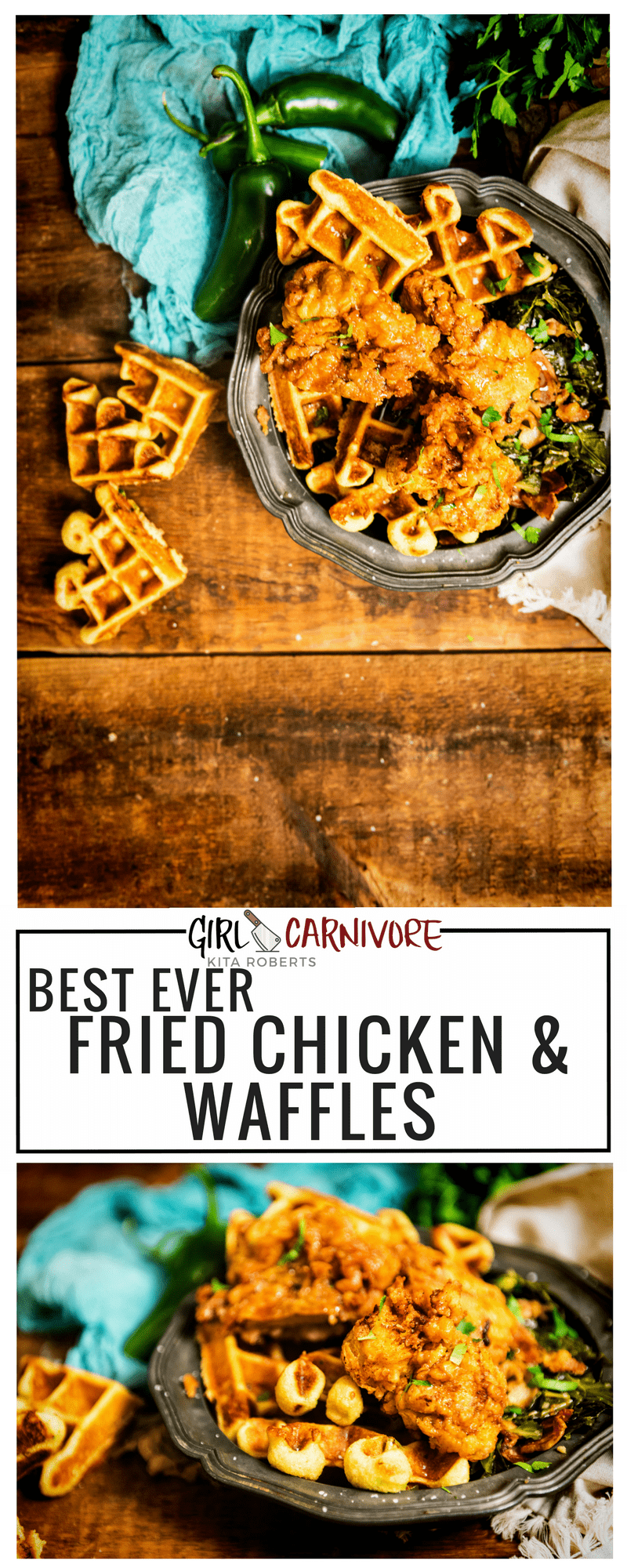 The best ever buttermilk fried chicken with savory cornbread waffles slathered in real vermon maple syrup! Recipe on GirlCarnivore.com