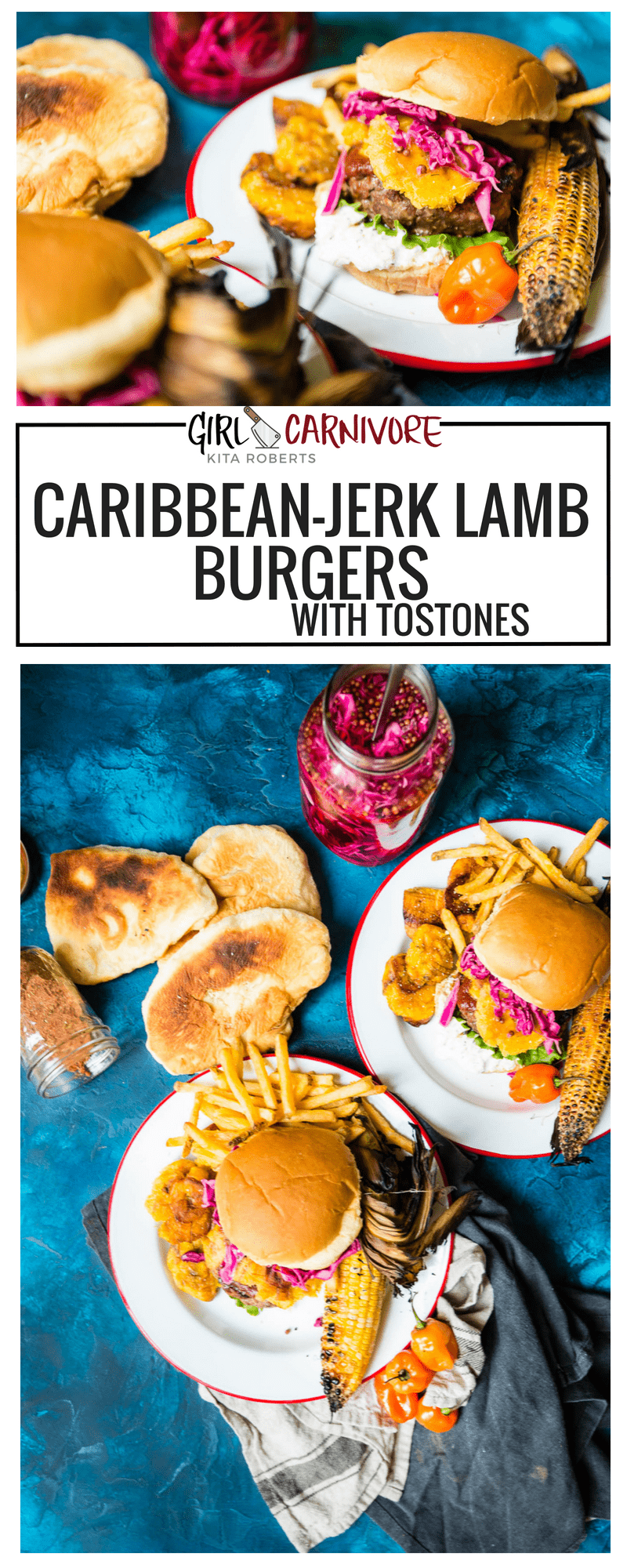 Caribbean-Jerk Lamb Burger Recipe with Tostones, pickled cabbage, and goat cheese