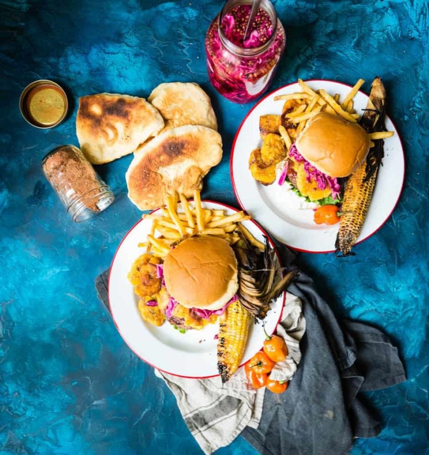 Caribbean lamb burgers, tostones, Roti, grilled corn, there is so much happiness on this plate!!