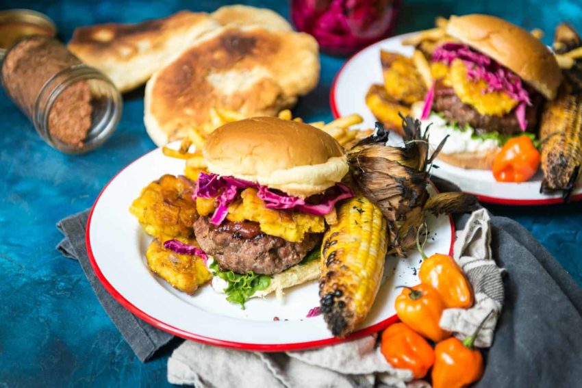 Caribbean Lamb Burgers with Tostones