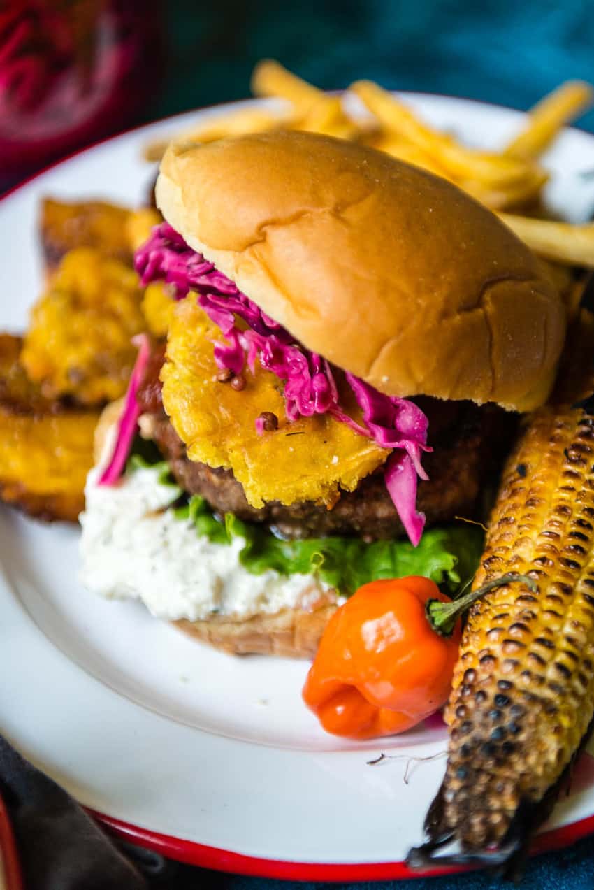 Caribbean lamb burgers, peppers, corn, yeah, you'll want a napkin 