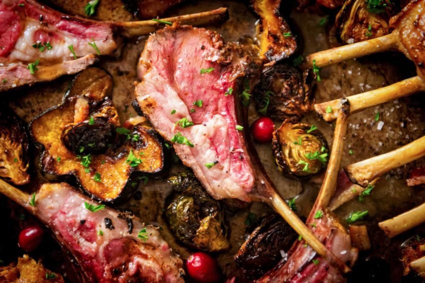 Perfect Grilled Rack of Lamb close up.