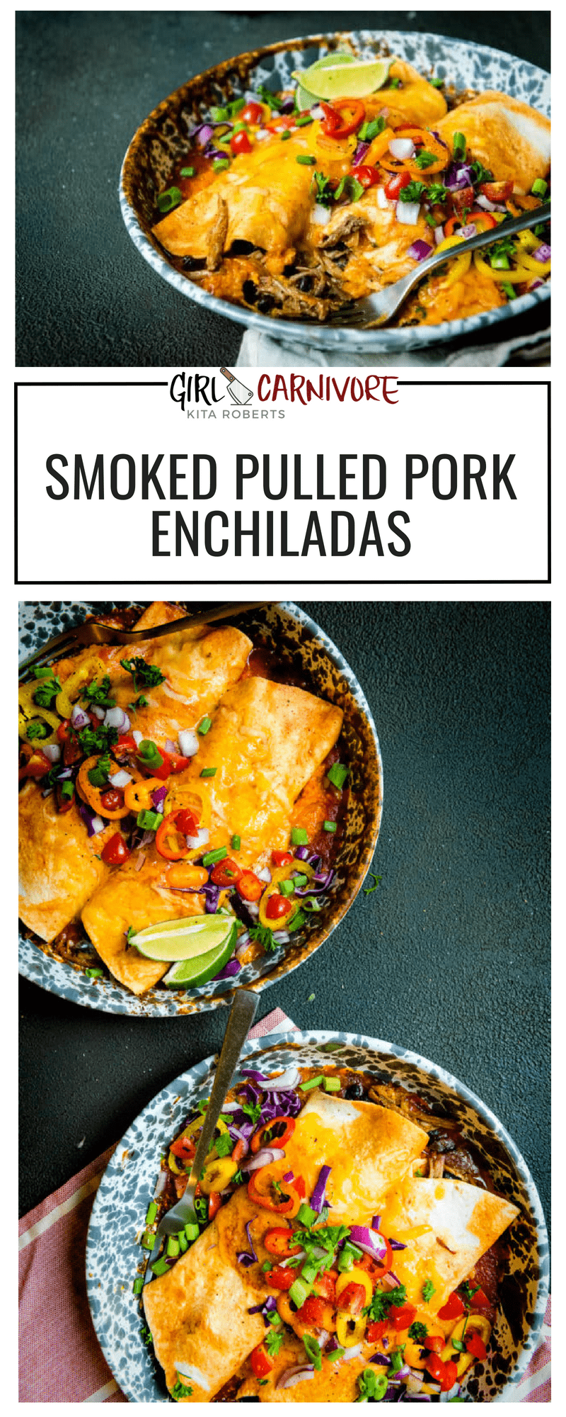 Smoked Pulled Pork Enchiladas are a fast and easy go to that are a great way to use up leftovers! Mix and match flavors and heat for your family's tastes. #recipe