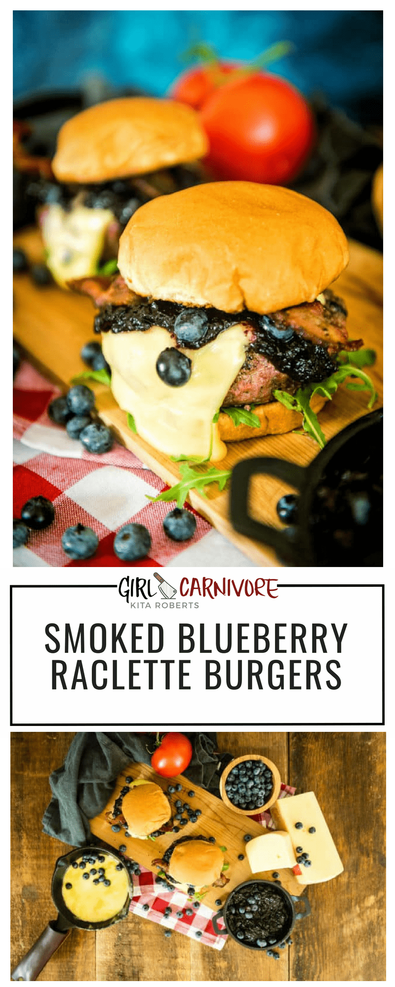 Smoked blueberry compote, smoked grass-fed burgers, thick cut bacon and fresh Raclette cheese on top. This Smoked Blueberry Raclette Burger is the one burger you have to try! #burgers #recipe #grilling