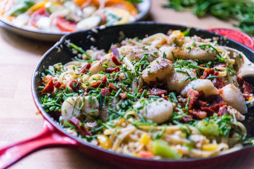 This skillet is filled with an amazing pile of Scallops, Crab, veggies and Pasta. This is fresh. And this is good.