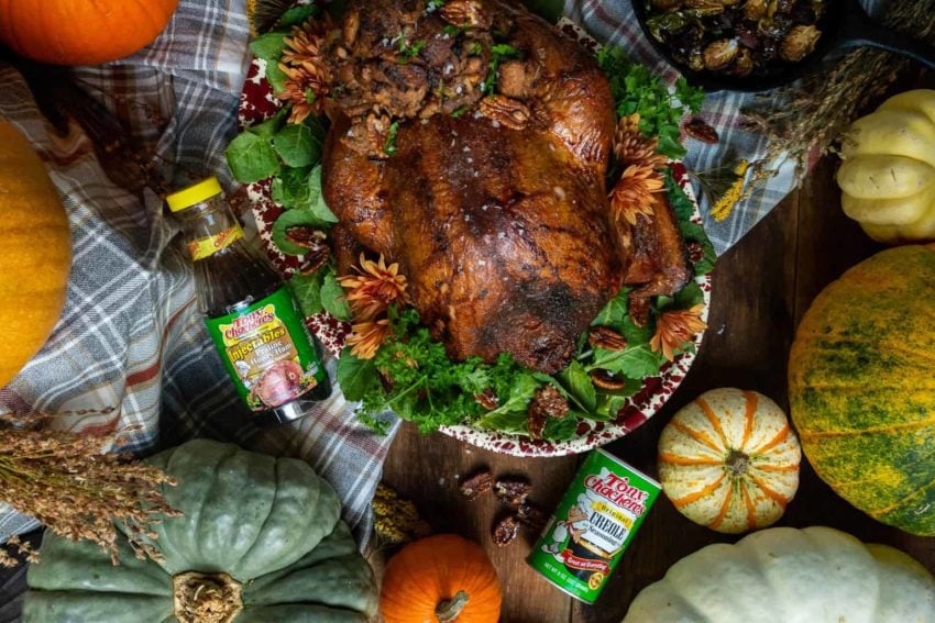 Whole Smoked Turkey with Candied Pecan and Apple Stuffing with raw ingredeients