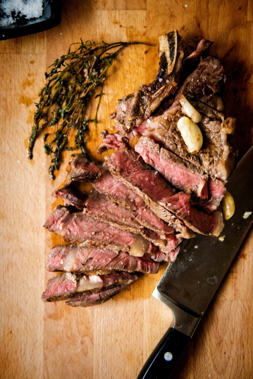 Rib eye, sliced to show a pink center