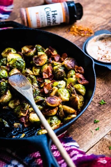 Smoked brussels sprouts in cast iron pan