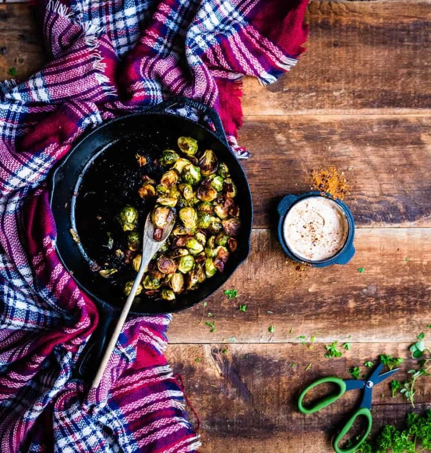 BBQ Smoked Brussels Sprouts with bacons cooked in a Cast Iron Skillet