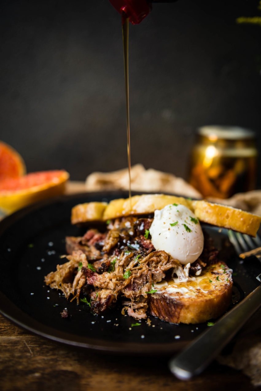 A stream of pure maple syrup cascading down onto this pile of pulled pork, french toast, and a soft boiled egg. Did I wake up in heaven for breakfast?