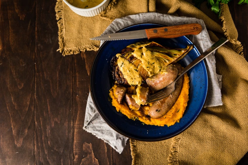 Sausage with Roasted Cabbage and Butternut Squash Puree Recipe on GirlCarnivore 