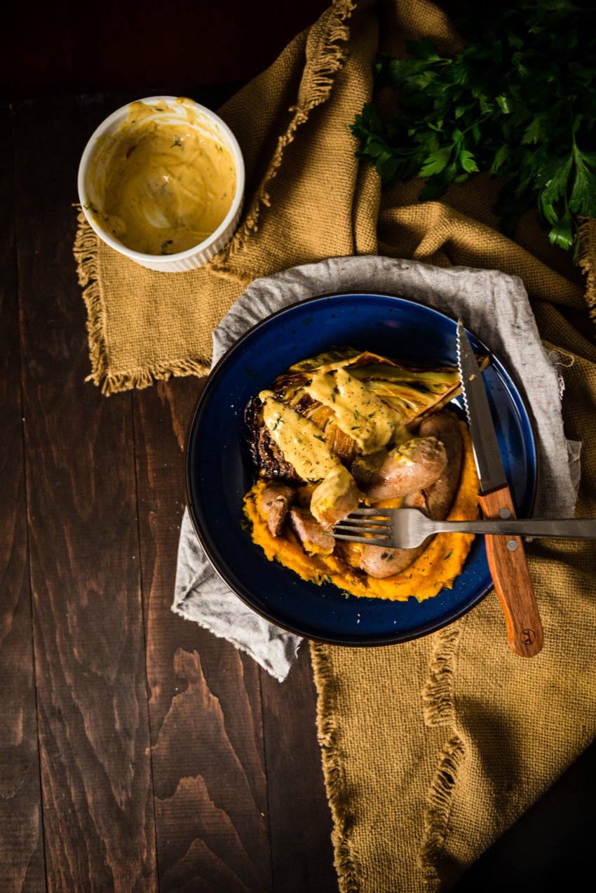 Sausage with Roasted Cabbage and Butternut Squash Puree Recipe on GirlCarnivore