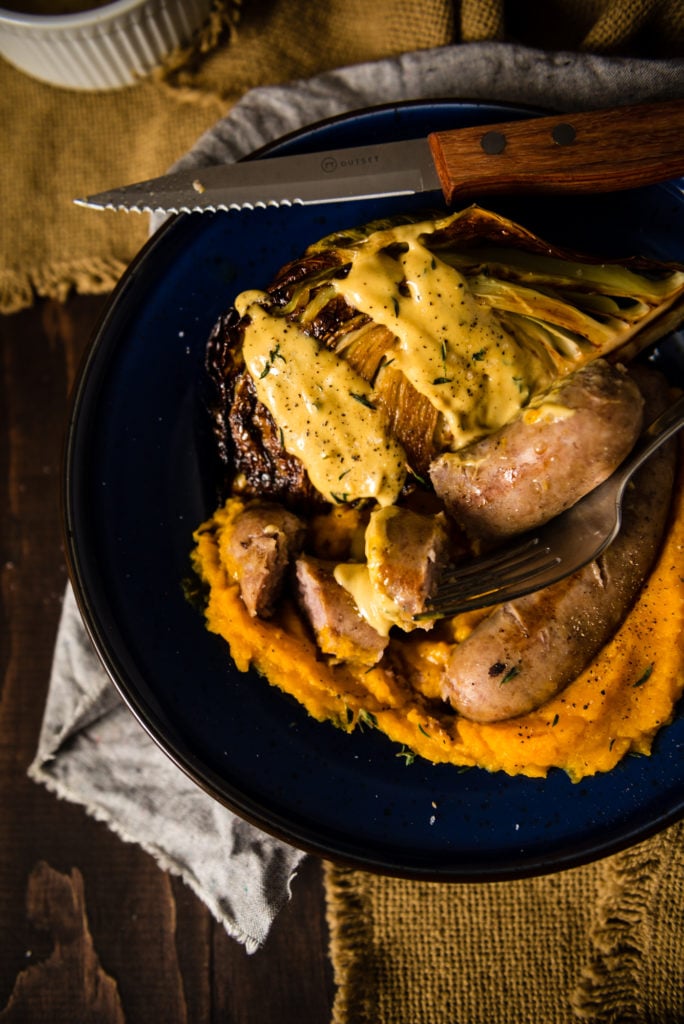 Sausage with Roasted Cabbage and Butternut Squash Puree Recipe on GirlCarnivore