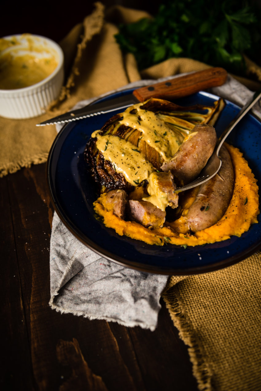 Sausage with Roasted Cabbage and Butternut Squash Puree Recipe on GirlCarnivore 