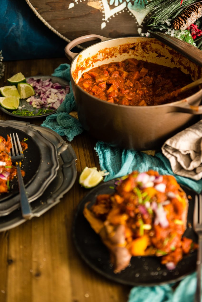 This massive pot of chili will keep you fed all week! Sprinkle some of those chopped onions on top and grad a fork (yes a fork) to enjoy this one!