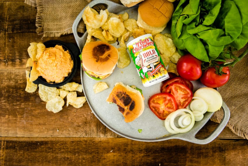 Pimento Cheese Burgers spiced with Tony Chachere's BOLD blend! 