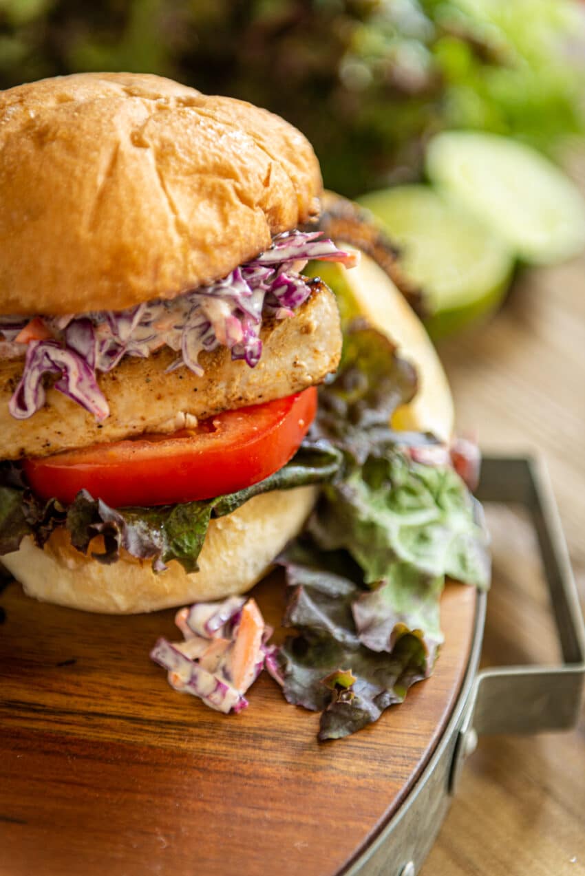 Close up, showing the layers of the sandwich with lettuce, tomato, fish and spicy slaw.