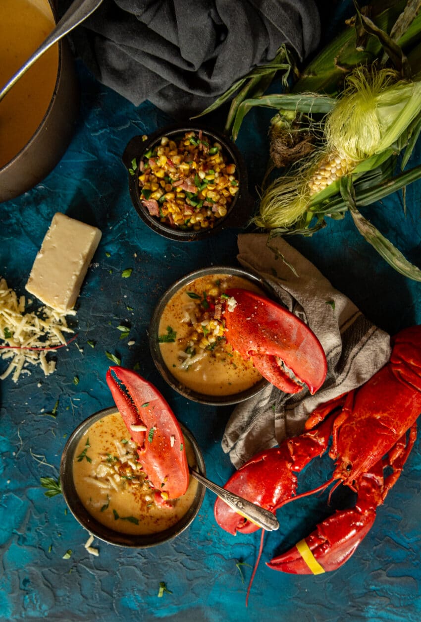 Crazy good and super easy to make - summer sweet corn and lobster bisque recipe with fresh Maine lobster and local corn