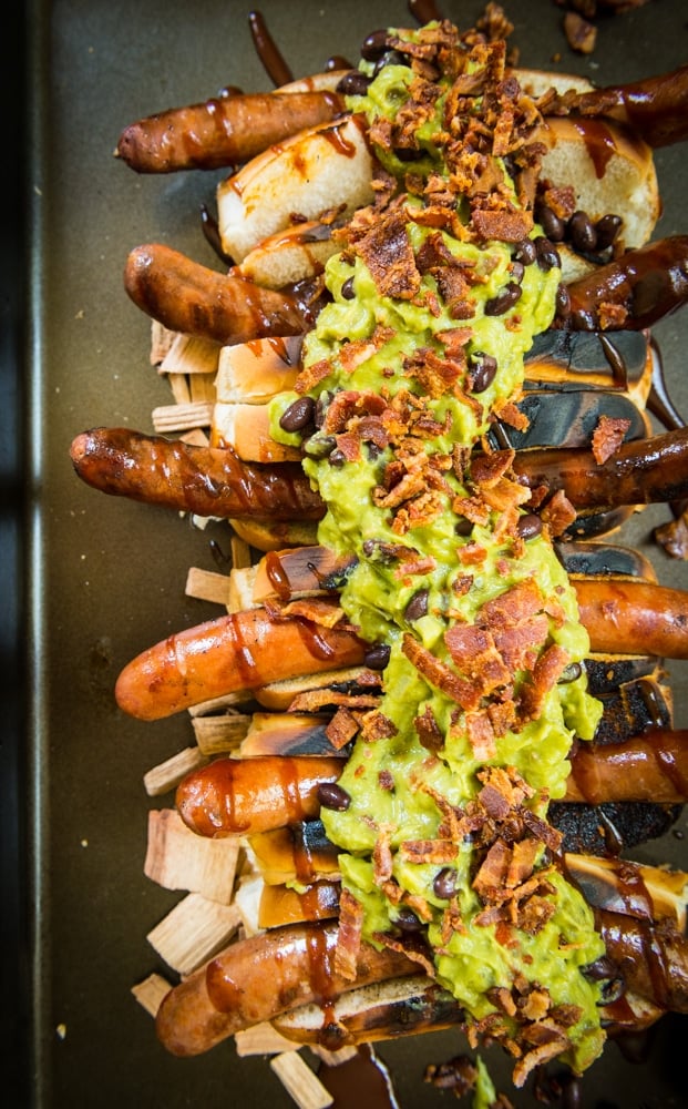 Loaded Grilled Hot Dogs with Barbecue Sauce and Smoked Guacamole