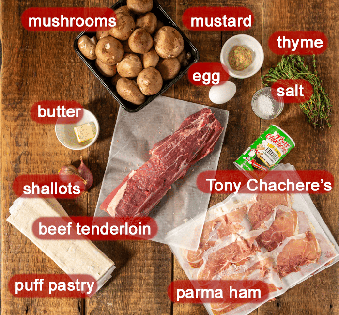 Ingredients for a beef wellington recipe. 