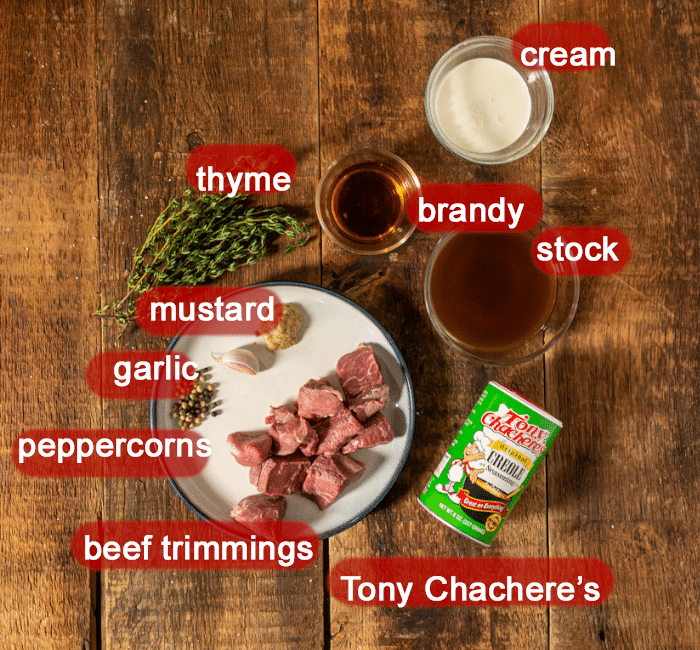 Ingredients for brandy cream sauce. 