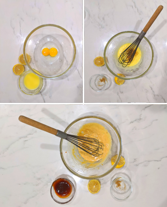 step by step hollandaise: first image one bowl with egg yolks with melted butter and seasoning on the side. Second image shows melted butter whiscked in and third shows everything whisked with additional seasonings for bbq version on the side