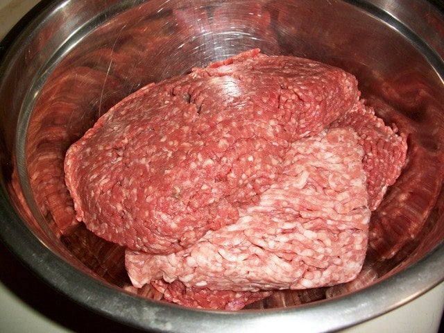 ground beef and pork in a bowl 