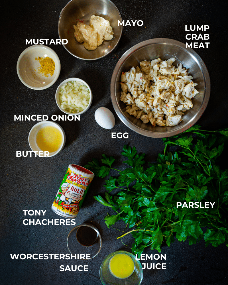 Mustard, Mayo, Crab Meat, Onion, Egg, Butter and other ingredients for crab imperial