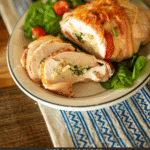 sliced bacon-wrapped chicken that has been stuffed with a creamy spinach mixture over greens on a plate