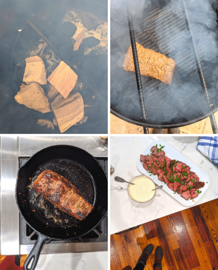 Step photos for smoking a roast beef. The wood chunks in the smoker. The beef over the smoke. The roast in a skillet and then sliced.