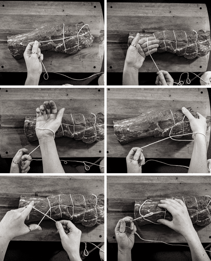 Steps for how to make a butchers tie over a roast