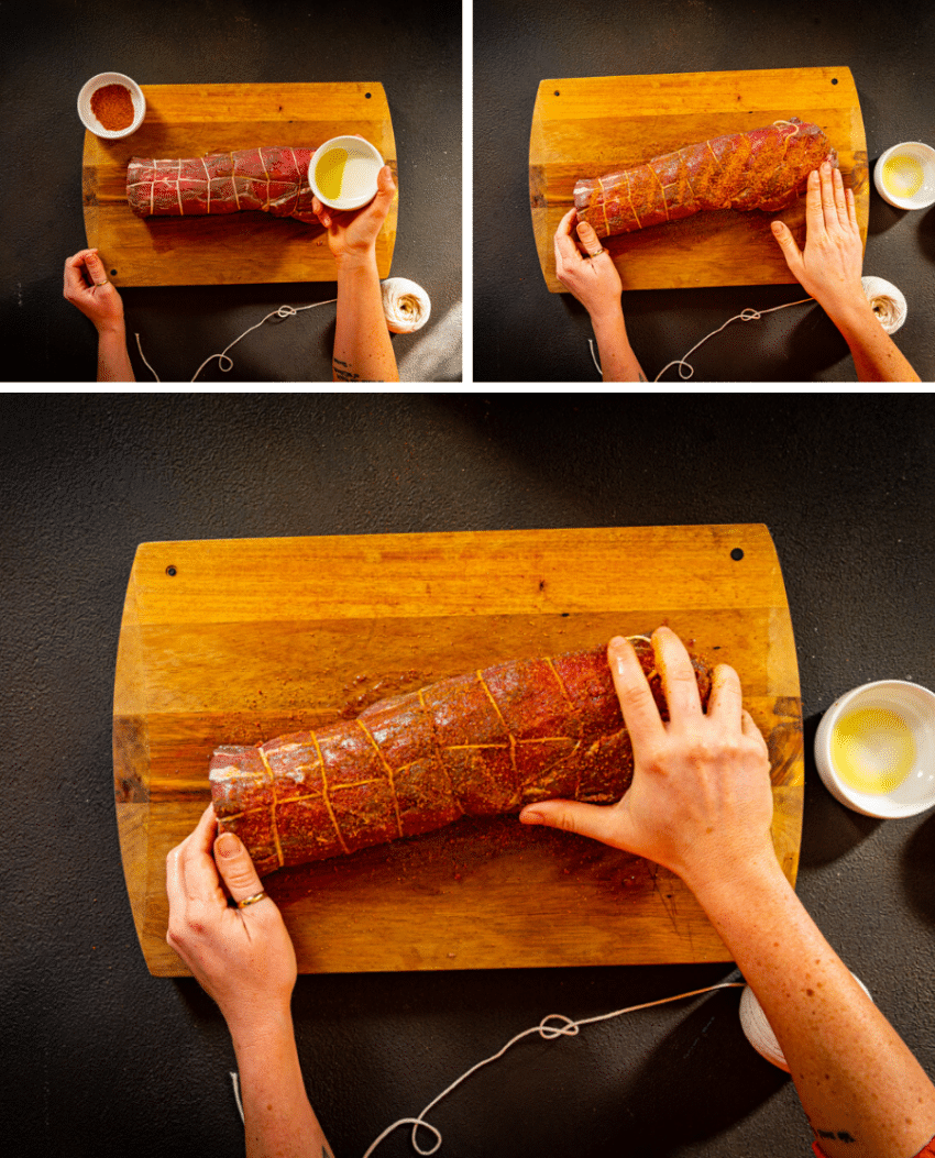 Steps for rubbing a tenderloin with oil and then evenly with Creole Spices