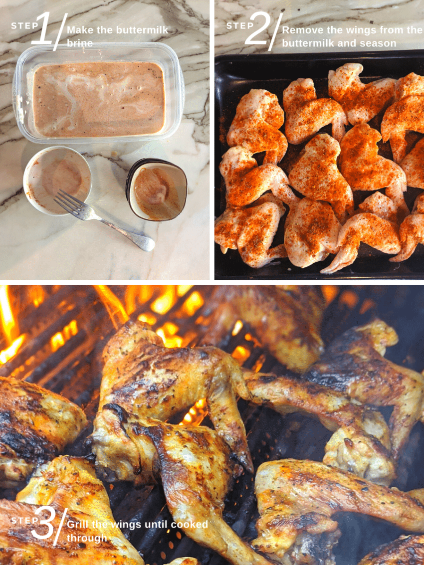 buttermilk brined chicken wings step by step collage - with brine, spice rub and grilling