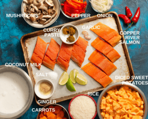 ingredients for salmon curry arranged to